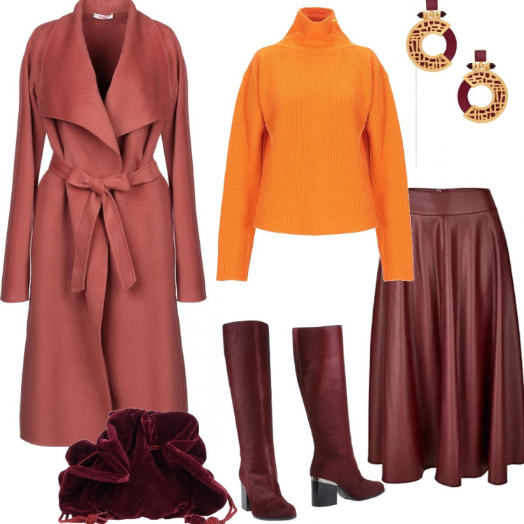 Outfit donna - Chic #15282. Stile Chic per Serata fuori. Abbinamento con stivali, cappotto, borsa a mano, maglioncino lavorato a maglia collo a dolcevita a maniche lunghe taglia media tinta unita, orecchini, gonne.