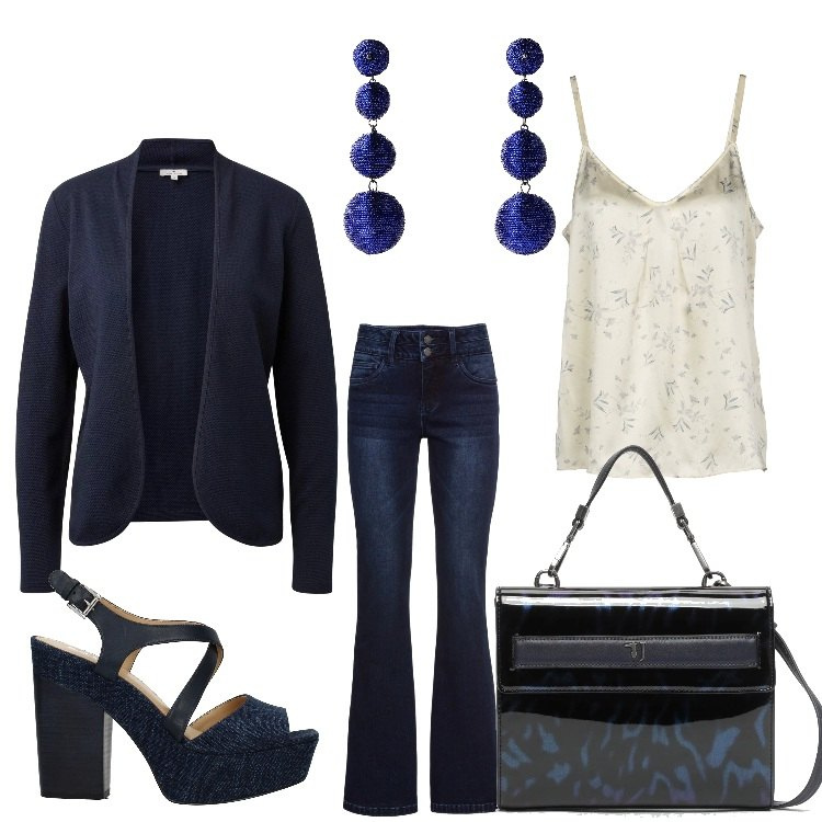 Outfit donna - Monday style jeans di lunedi. Stile Chic per Ufficio. Abbinamento con jeans bootcut, top, orecchini, sandali, t-shirt, borsa a tracolla con taschini e zip con scomparti blu e nero.