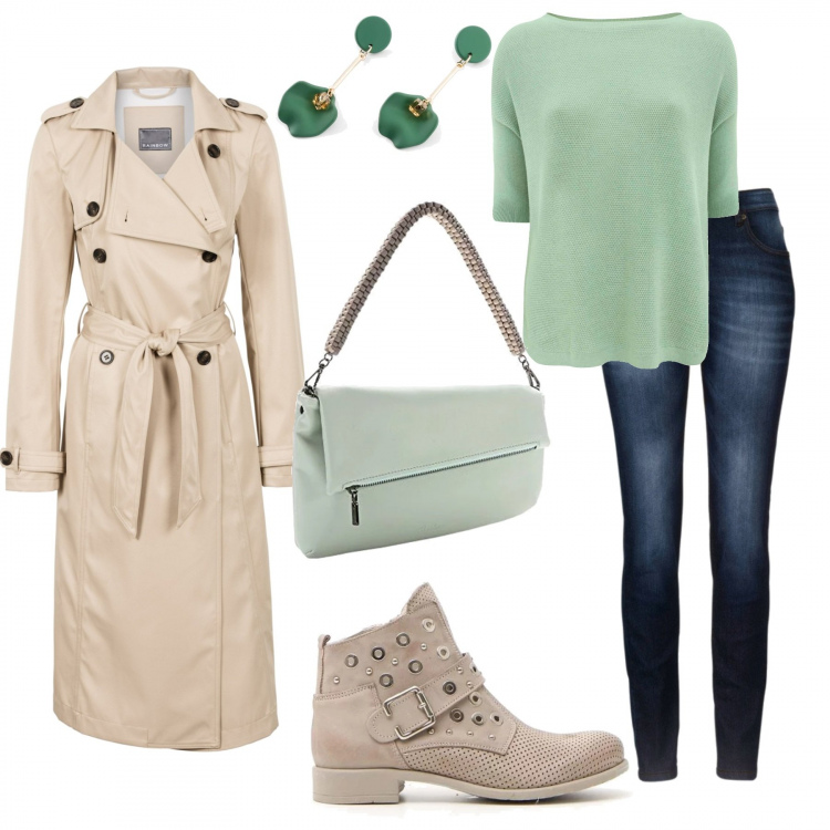 Outfit donna - Un po\' di verde. Stile Trendy per Tutti i giorni. Abbinamento con jeans skinny, bluse, maglieria, maglia con scollo aderente verde, stivaletti, clutch cartella con manico taglia unica verde.