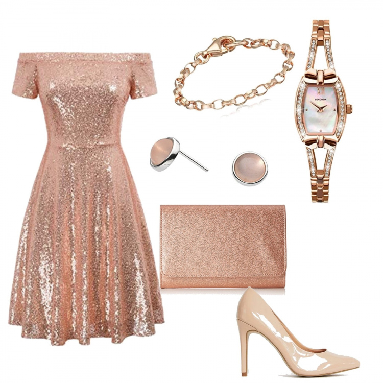 Outfit mujer - Fiesta y ceremonia. para Ceremonia. Combinación con vestito, reloj, clutch beige, collares, pendientes rosa, zapatos de tacón.