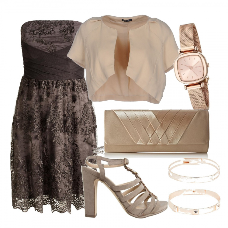 Outfit mujer - Noche, fiesta y ceremonia. Estilo Chic para Noche/Fiesta elegante. Combinación con vestito grigio, clutch, reloj, zapatos de tacón, braccialetto, blazers.