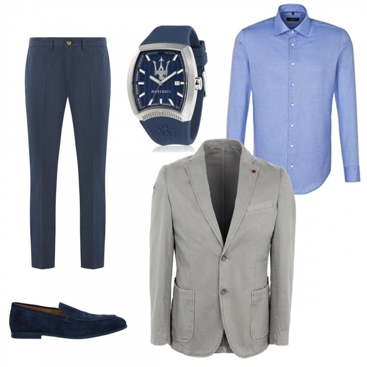 Outfit uomo - Primi giorni di autunno. Stile Casual per Tutti i giorni. Abbinamento con mocassini, giacca collo con revers a maniche lunghe interno sfoderato tinta unita, pantalone aderente blu, orologio con cinturino blu, camicia blu.