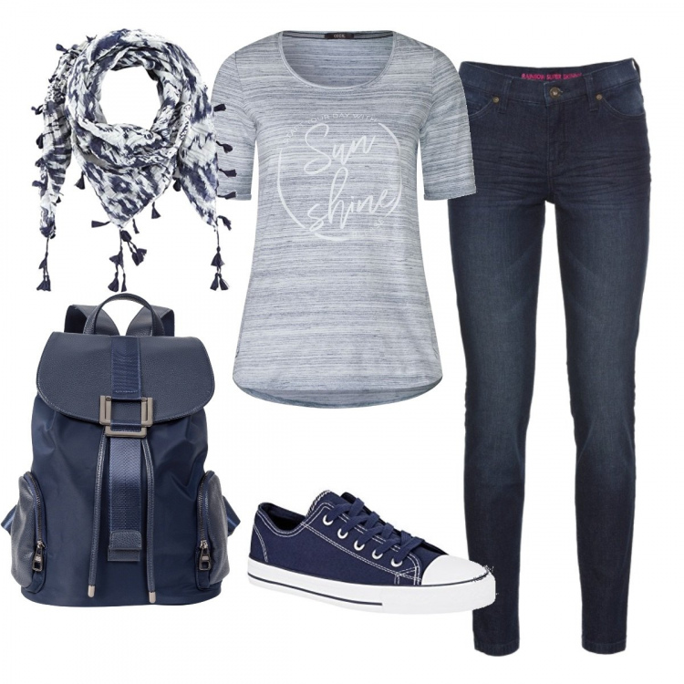 Outfit donna - Sun shine. Stile Basic per Scuola/Università. Abbinamento con jeans skinny, zaini, scarpa sportiva, t-shirt melange blu, scialle taglia unica navy.