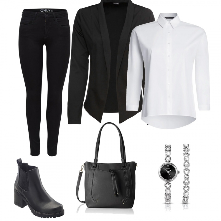 Outfit donna - Chic #15323. Stile Chic per Ufficio. Abbinamento con stivaletti chelsea, blazer, jeans skinny, camicie, shopping bag con zip nero, orologio analogico argento.