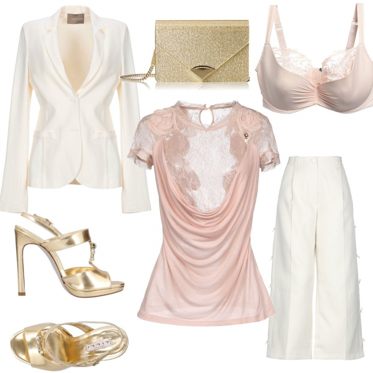 Outfit donna - Trasparente ma non troppo#curvystyle. Stile Sexy per Serata fuori. Abbinamento con blusa con pizzo contrasto collo tondo a maniche corte in viscosa senza tasche jersey, reggiseni, pantaloni, sandali col tacco, giacca senza tasche collo con revers a maniche lunghe interno sfoderato jersey, clutch effetto metallizzato con fasce in pelle.