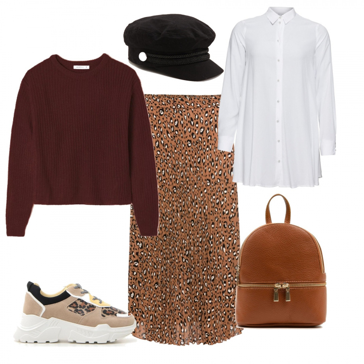 Outfit donna - Beviamo un caffè?. Stile Trendy per Tutti i giorni. Abbinamento con camicie, gonne, maglione crop, cappello tinta unita nero, sneakers, zaino made italy con zip e scomparti marrone.