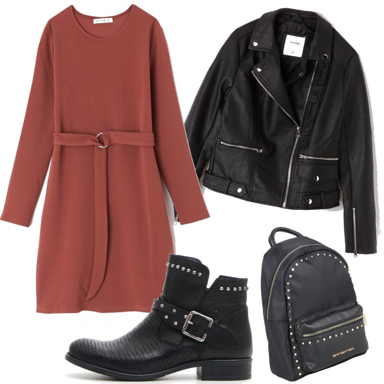 Outfit donna - Biker con la gonna. Stile Rock per Scuola/Università. Abbinamento con borsa, vestito skater con cintura, giubbino in ecopelle tinta unita nero, stivaletti.
