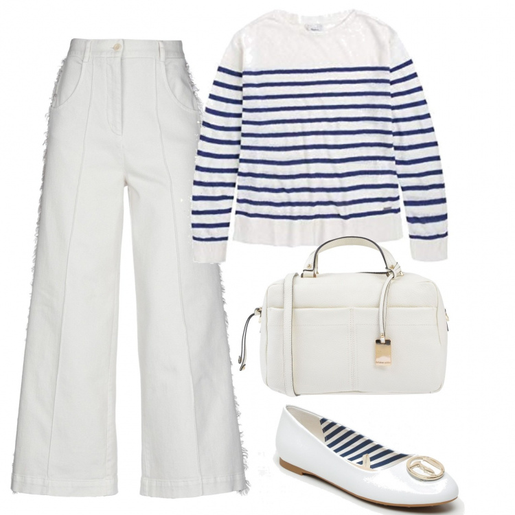 Outfit donna - Inspo Les Copains. Stile Chic per Tutti i giorni. Abbinamento con borsa a mano in pelle martellata taglia media con zip tinta unita, pantaloni, felpa avorio, ballerine con punta tonda bianco.