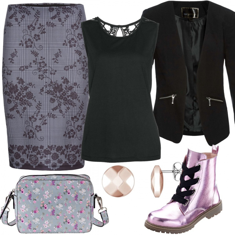 Outfit donna - Ufficio#Curvystyle. Stile Basic per Ufficio. Abbinamento con blazer, gonna a punta grigio, top, stivaletti, jeans skinny, orecchini.