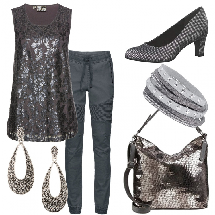 Outfit donna - Questa sera mi sento una STAR. Stile Chic per Serata fuori. Abbinamento con pantaloni sportivi, top con pizzo e paillettes grigio, braccialetti, orecchini, borsa marrone e nero, scarpe col tacco.