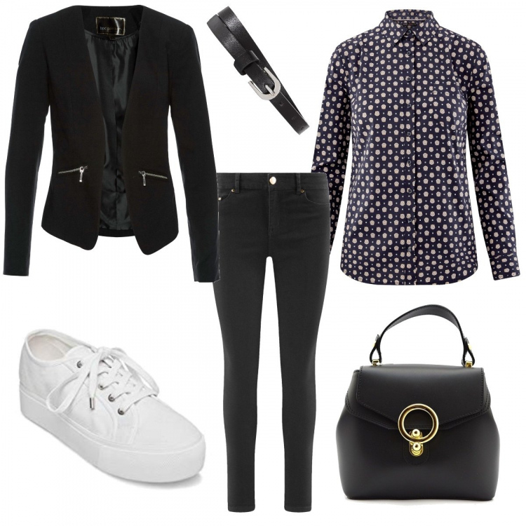 Outfit donna - Trendy #26758. Stile Trendy per Scuola/Università. Abbinamento con blazer, cinture, borsetta nero, camicia aderente blu, jeans skinny, sneakers bianco.