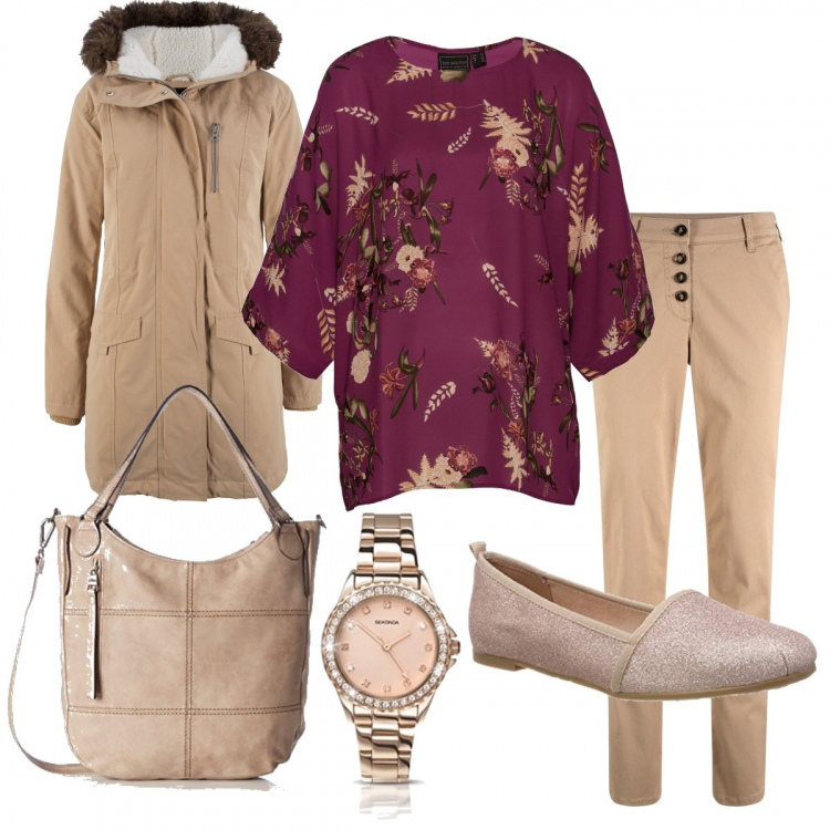 Outfit donna - #curvystyle A prezzi piccoli piccoli. Stile Basic per Ufficio. Abbinamento con shorts, tunica chiffon viola, vestiti, mocassini rosa, borsa a spalla, orologi.