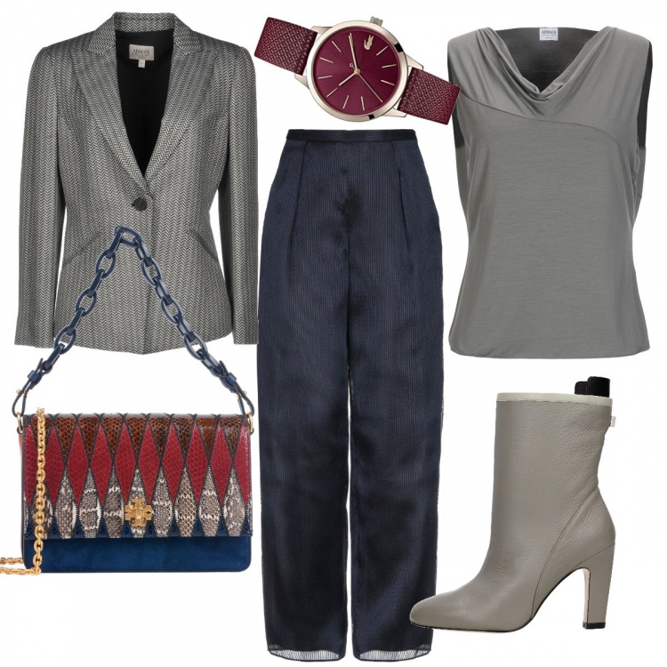 Outfit donna - Borsa pitonata. Stile Chic per Ufficio. Abbinamento con pantaloni, t-shirt con drappeggio scollatura jersey, giacca effetto spinato collo con revers a maniche lunghe interno foderato in seta con tasche, borsa a mano mini con manico e stampa a scatto interno foderato con tracolla removibile, stivaletti, orologi analogici.