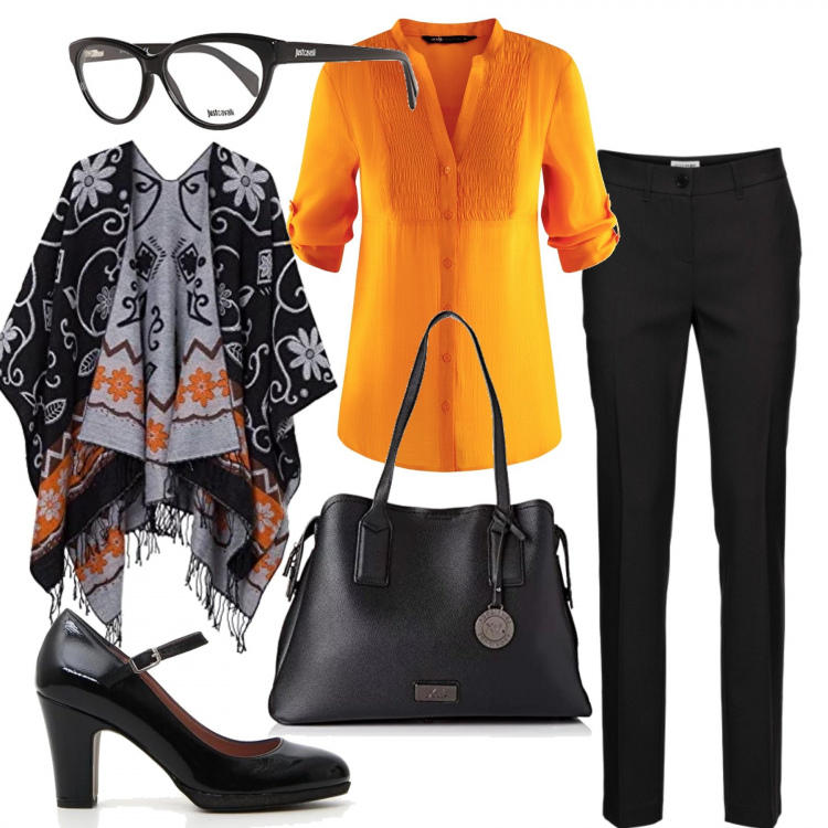 Outfit donna - Segretaria d\'azienda. Stile Chic per Ufficio. Abbinamento con pantaloni, tunica con drappeggio e scollo aderente arancione, poncio, décolleté, borse a spalla, montatura occhiali nero.