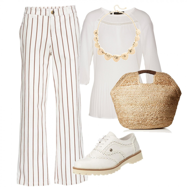 Outfit donna - Inspo Les Copains. Stile Basic per Tutti i giorni. Abbinamento con tunica, pantalone motivo gessato bianco, collana oro, scarpe stringate, borse a mano.