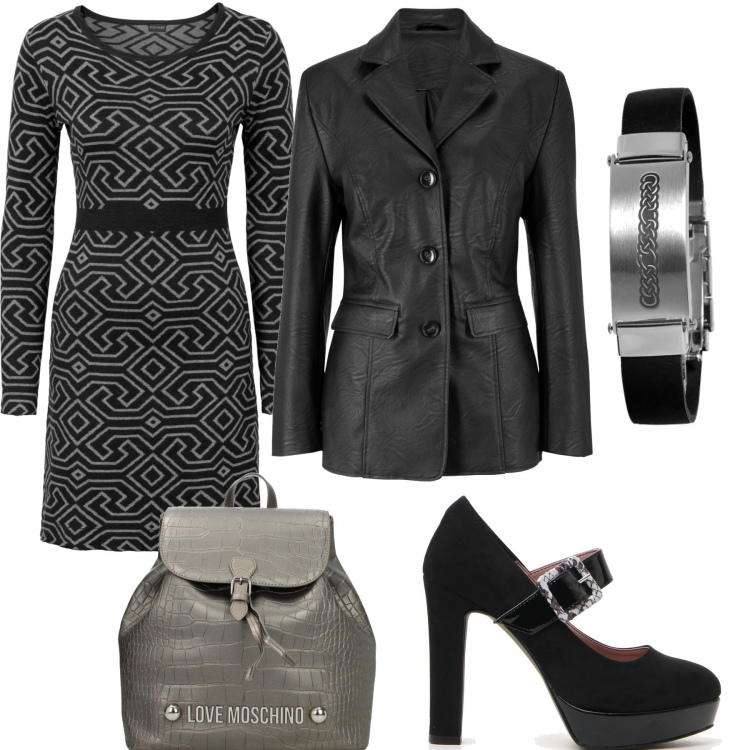 Outfit donna - Classico con brio. Stile Trendy per Tutti i giorni. Abbinamento con blazer, vestiti, zaini, décolleté, braccialetti.