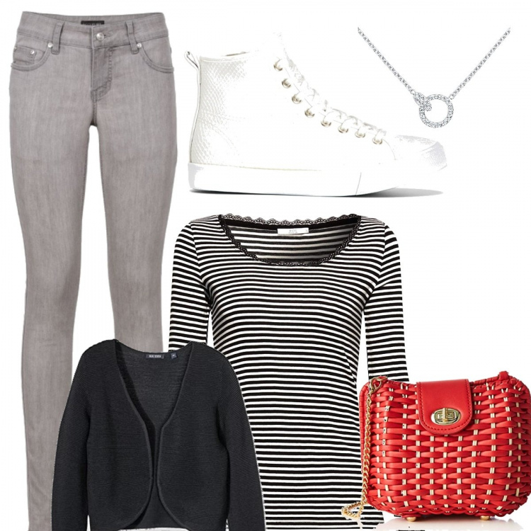 Outfit donna - Gita a Firenze.. per Tutti i giorni. Abbinamento con jeans skinny, top, bolero blu, borse a mano, pullovers, collana.
