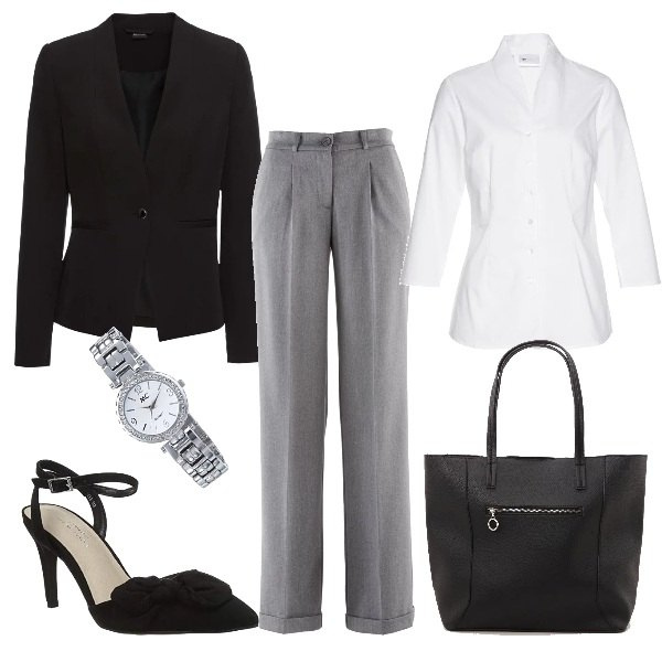Outfit donna - Top manager in riunione. Stile Urban per Ufficio. Abbinamento con camicie, blazer, pantalone lungo, shopping bag con manico in ecopelle nero, scarpe col tacco open toe nero, orologio con cinturino in ottone argento.
