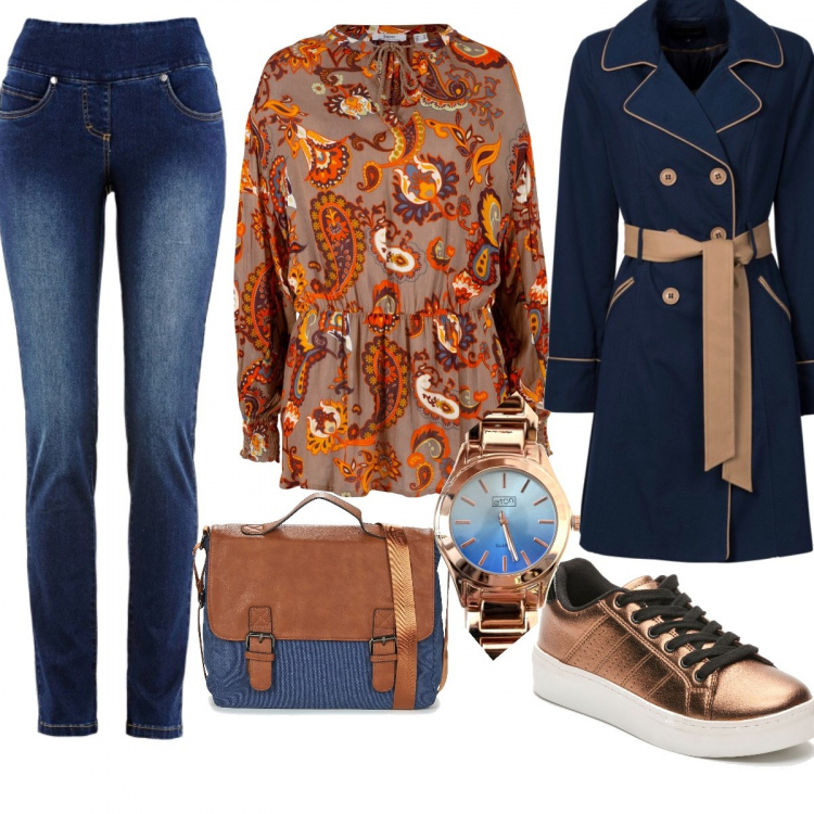 Outfit donna - Amore per i jeans. Stile Trendy per Tutti i giorni. Abbinamento con trench, jeans slim fit, maglieria, borsa a tracolla, orologio analogico azzurro e blu, sneakers interno in tessuto con punta tonda oro e nero e bianco.