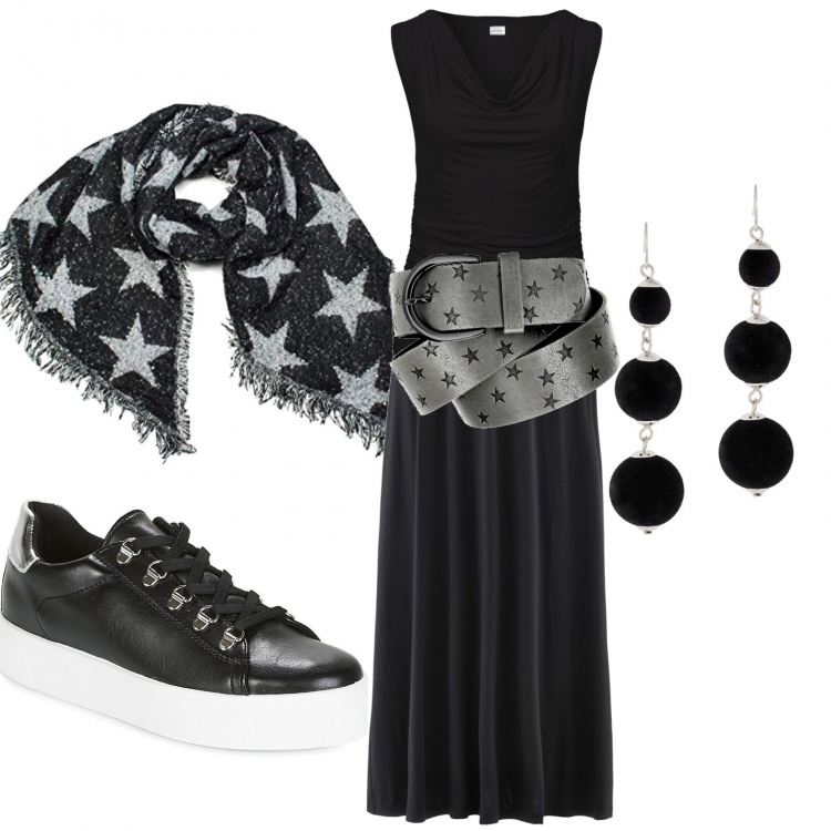 Outfit donna - La gonna un po\' zingara. Stile Basic per Tutti i giorni. Abbinamento con gonne, top, vestiti, orecchini, scarpe crochet nero, foulard.