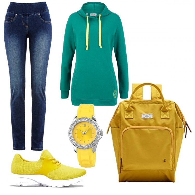 Outfit donna - Urban #8599. Stile Urban per Tutti i giorni. look ideale per Tall. Abbinamento con jeans slim fit, felpa lunga contrasto con cappuccio e coulisse, t-shirt, zaino giallo, orologi.