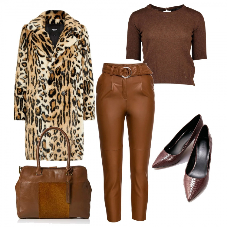 Outfit donna - Caffé. Stile Urban per Ufficio. Abbinamento con pantalone in pelle sintetica argento, maglioni, scarpe col tacco, giacca, borsa a tracolla marrone.