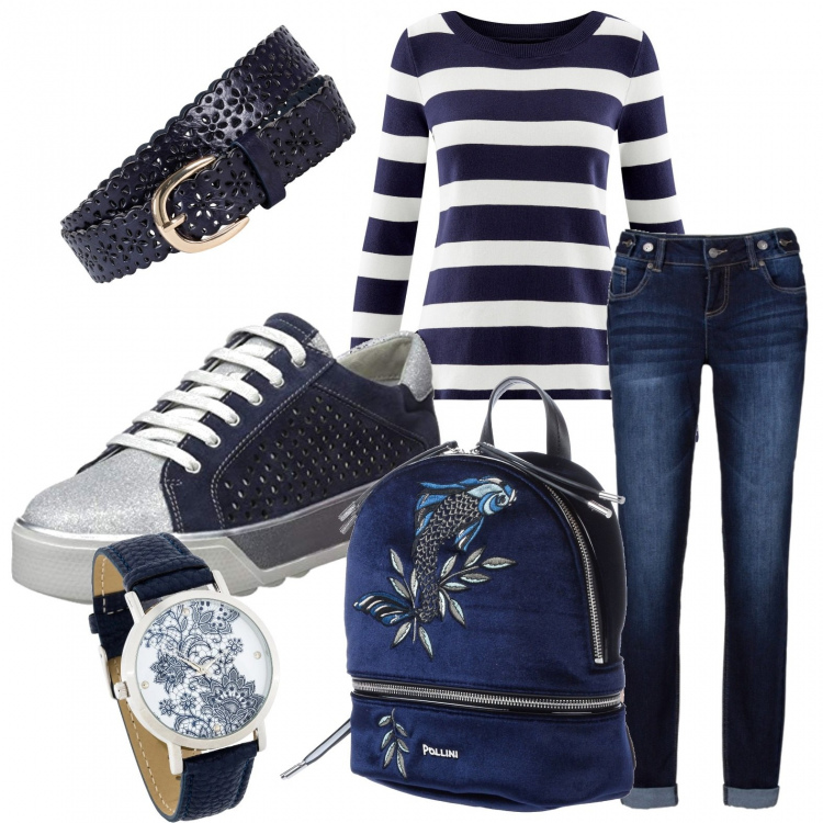 Outfit donna - Martedì pizza con le amiche. Stile Basic per Serata fuori. Abbinamento con jeans boyfriend, orologio con cinturino in pelle sintetica blu, cinture, borsa, maglione a righe aderente blu, sneakers.
