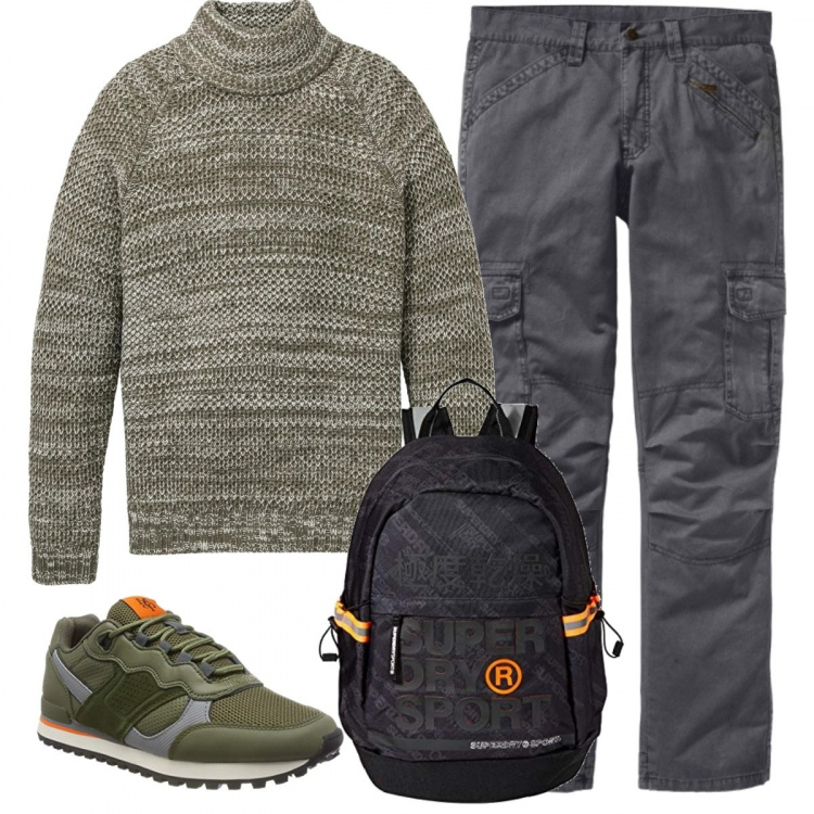 Outfit uomo - Una passeggiata in campagna. Stile Casual per Tutti i giorni. Abbinamento con pantaloni cargo, stivaletti, sneakers, zaino nero.