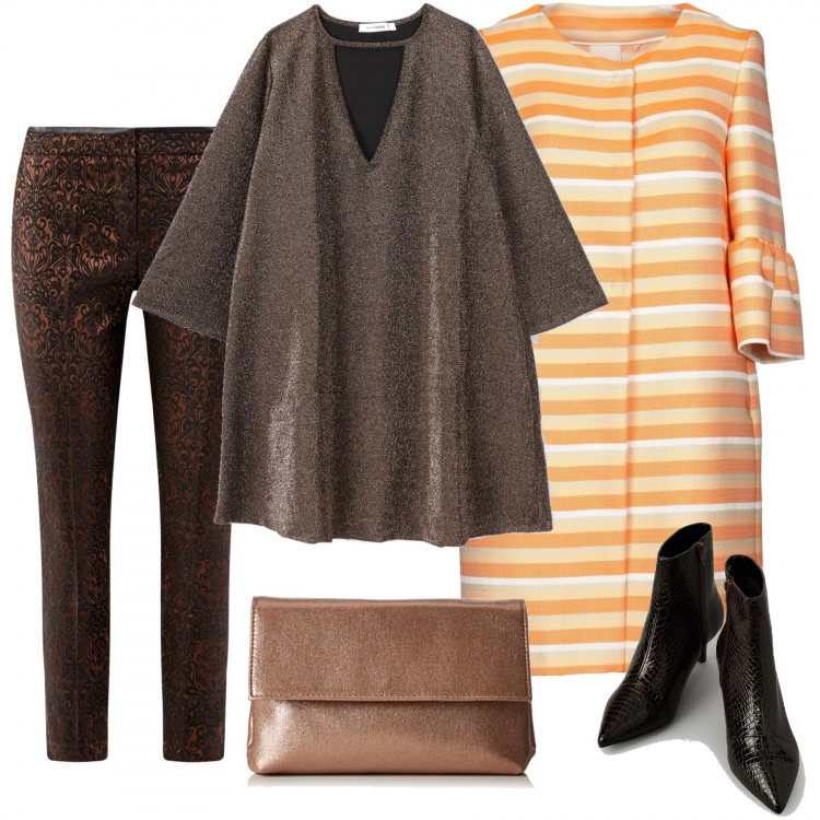 Outfit donna - Pantaloni jacquard. Stile Bon Ton per Ufficio. Abbinamento con soprabito a righe collo tondo a maniche 3/4 interno foderato jacquard, stivali, vestito forma svasata girocollo a maniche lunghe, pantalone jacquard marrone, pochette.