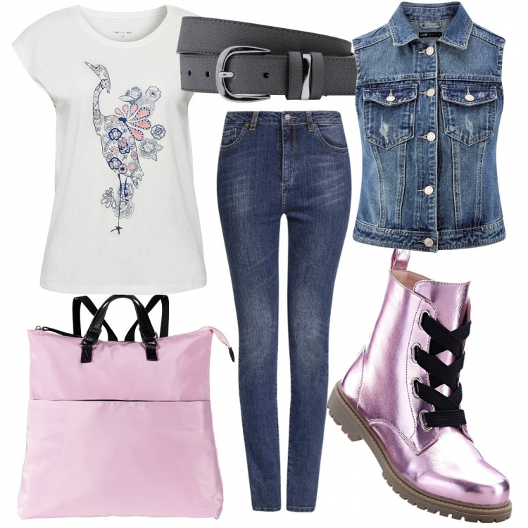 Outfit donna - Trendy #26920. Stile Trendy per Scuola/Università. Abbinamento con cinture, zaino con zip interno foderato con scomparti rosa, stivaletti, t-shirt, gilet in denim con tasche blu, jeans skinny.
