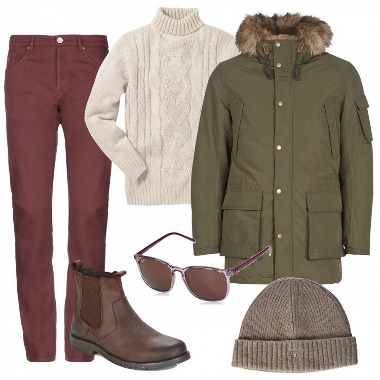 Outfit uomo - Domenica in agriturismo. Stile Casual per Tutti i giorni. Abbinamento con maglieria, jeans a tubo vita bassa tinta unita, parka verde, stivali e stivaletti, cuffia beanie taglia unica marrone, occhiali da sole rosa.