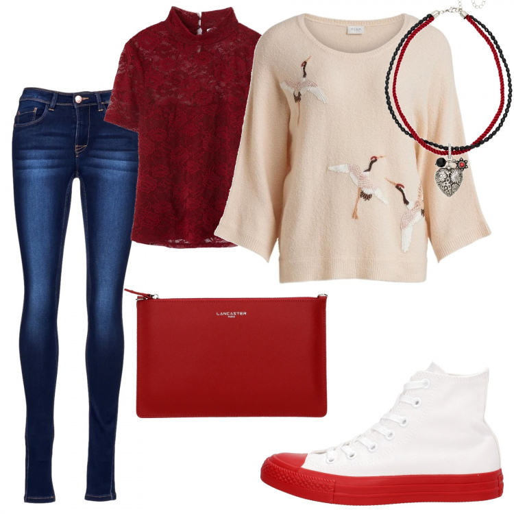 Outfit donna - Ricami giapponesi. Stile Basic per Scuola/Università. Abbinamento con ciondoli, sneakers, pochette, top, jeans, t-shirt con pizzo tinta unita bordeaux.
