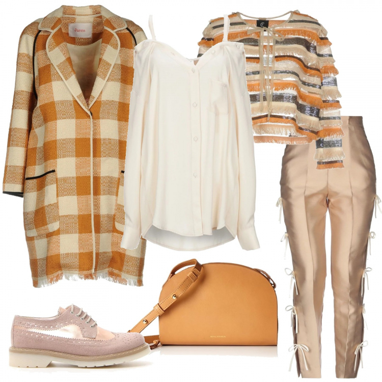 Outfit donna - Color crema con un twist. Stile Bon Ton per Tutti i giorni. Abbinamento con giacca, pantalone chino, camicia, soprabito a quadri collo con revers a maniche 3/4 interno sfoderato in cotone jacquard, scarpe stringate, borsa a spalla beige.
