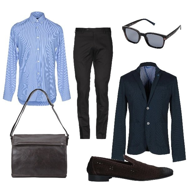 Outfit uomo - Al lavoro con gusto. Stile Business/Elegante per Ufficio. Abbinamento con giacche, camicia senza tasche a righe con ricamo a maniche lunghe in cotone con bottoni, pantalone lungo, mocassini, occhiali da sole lenti sfumate montatura in plastica, borsa cartella a calamita interno foderato in pelle sintetica tinta unita.