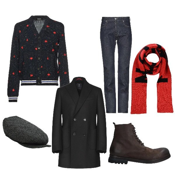 Outfit uomo - Un look da Justin Timberlake. Stile Casual per Tutti i giorni. Abbinamento con cappello, cardigan fantasia multicolore lavorato a maglia a maniche lunghe in lana con bottoni, jeans contrasto in denim tinta unita, caban doppiopetto, stivaletti con tacco squadrato e punta tonda pianta larga tinta unita, sciarpa fantasia lavorato a maglia in mohair 50% lana.