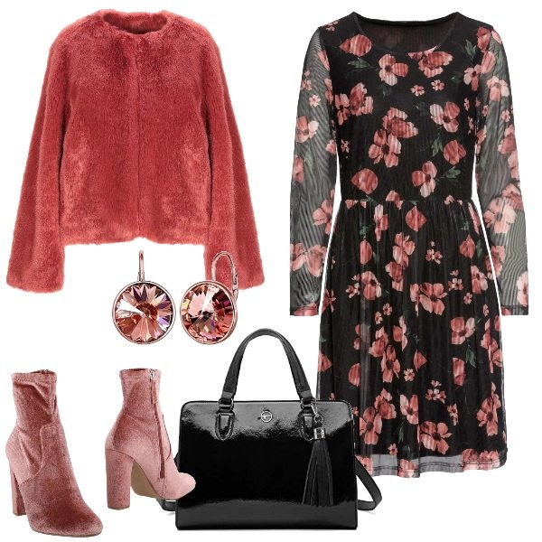 Outfit donna - Keira in Bon Ton. Stile Bon Ton per Tutti i giorni. Abbinamento con stivaletti, ecopelliccia, vestiti lunghi, borsa a mano nero, orecchini.