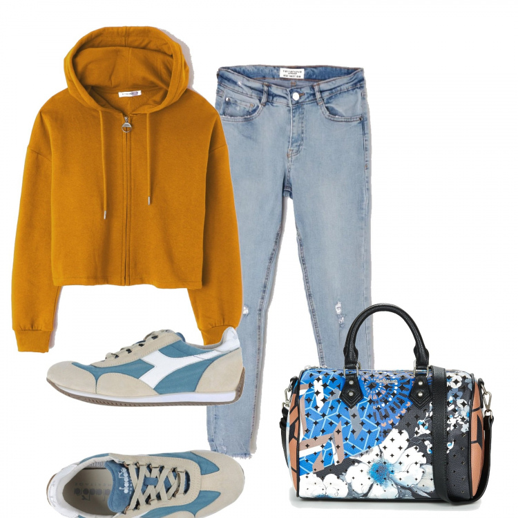 Outfit donna - Trendy #27032. Stile Trendy per Tutti i giorni. Abbinamento con sneakers, felpa con cappuccio crop con zip giallo, jeans skinny in denim blu, borsetta blu.
