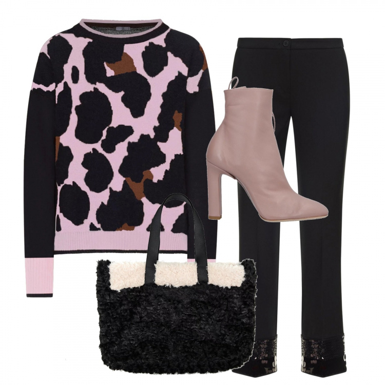 Outfit donna - Trendy #27033. Stile Trendy per Tutti i giorni. Abbinamento con stivaletti con punta quadrata tinta unita, pantalone forma svasata maxi con paillettes e cinturino made italy nero, maglia con spacco animalier girocollo in mohair made italy aderente rosa e nero, shopping bag maxi contrasto made italy bianco e nero.