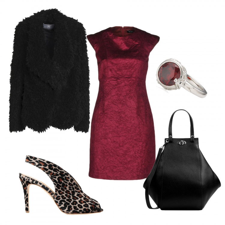 Outfit donna - Autunno. Stile Chic per Serata fuori. Abbinamento con vestito corto a trapezio collo tondo a maniche corte con zip interno foderato in velluto tinta unita, ecopellicce, décolleté, borsa a tracolla made italy con zip interno foderato con manico e tracolla regolabile nero e bianco, anelli.