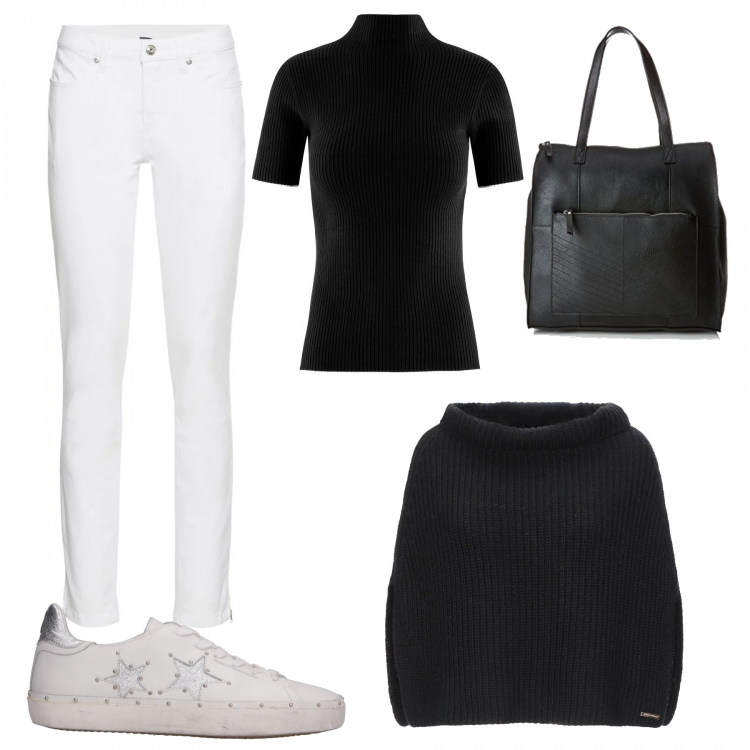 Outfit donna - Cappa al posto del maglione. Stile Basic per Tutti i giorni. Abbinamento con jeans skinny, mantella senza tasche lavorato a maglia collo alto interno sfoderato tinta unita, sneakers tennis, maglione a coste aderente nero, borsa a spalla nero.
