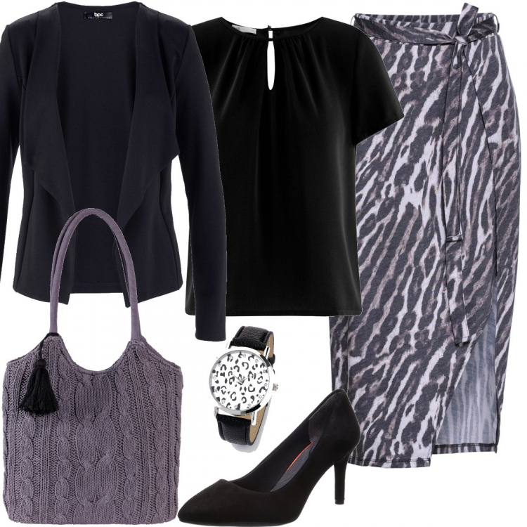 Outfit donna - Gonna con spacco. Stile Trendy per Ufficio. Abbinamento con blazer, gonna con cintura fantasia con spacco marrone, borse a mano, orologio con strass in pelle sintetica nero, scarpa col tacco, camicetta a goccia aderente nero.