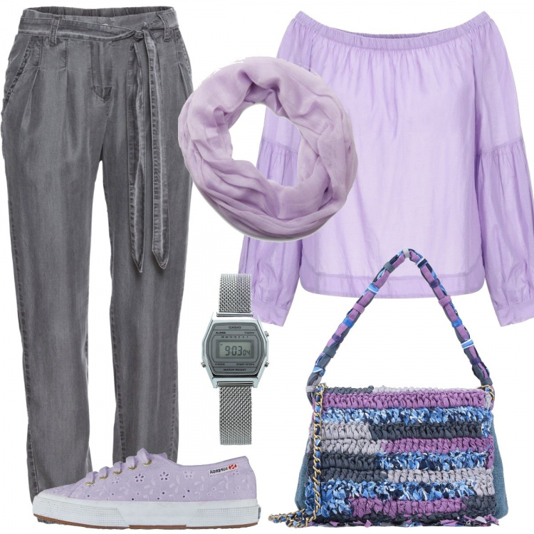 Outfit donna - Che borsa!. Stile Basic per Tutti i giorni. Abbinamento con borsa a mano, camicie, orologi, pantaloni, scarpe viola, sciarpa.