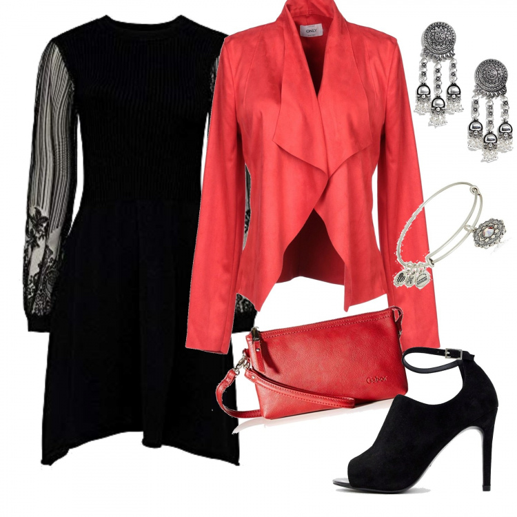 Outfit mujer - Disfruta de tu noche.. Estilo Rock para Noche/Fiesta elegante. Combinación con vestito con pizzo nero, clutch nero e rosso, charm, giacca, completo petite in denim, pendientes petite.