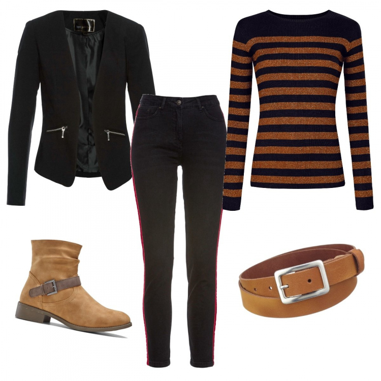 Outfit donna - Total look #346741. per Ufficio. Abbinamento con blazer, pantalone con bande laterali in velluto elasticizzato nero, stivaletti con fibbia marrone, maglione a righe aderente marrone, cinture.