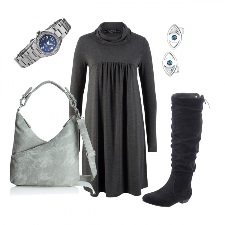Outfit donna - Pausa pranzo veloce. Stile Basic per Tutti i giorni. Abbinamento con stivali, vestito a maniche lunghe jersey grigio, orecchini, borse a spalla, orologio.