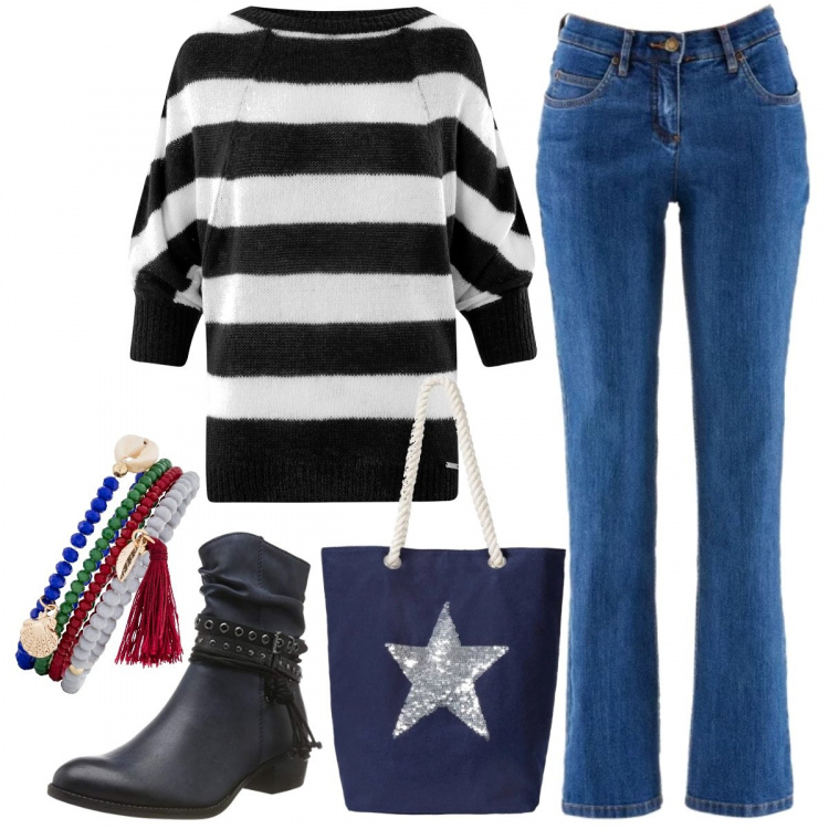 Outfit donna - Autunno al mare. Stile Basic per Tutti i giorni. Abbinamento con jeans dritti, shopping bag, foulard, maglione a righe in mohair nero, stivaletti.