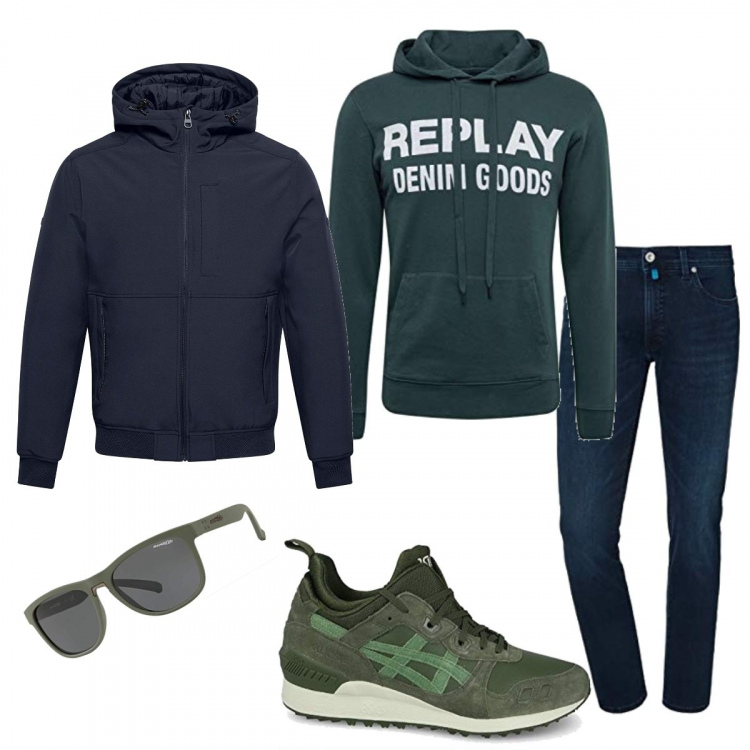 Outfit uomo - Total look by Amazon. Stile Urban per Tutti i giorni. Abbinamento con occhiali da sole verde, scarpe da ginnastica verde e kaki, giacche, jeans in denim affusolato blu.