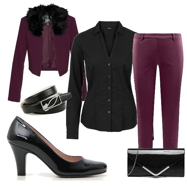 Outfit donna - Giacca corta. Stile Chic per Serata fuori. Abbinamento con camicie, bolero, pantalone lungo, pochette nero, cintura, décolleté.