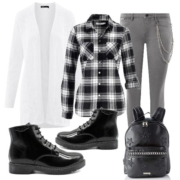 Outfit donna - Quadri bianco&nero. Stile Urban per Tutti i giorni. Abbinamento con camicie, stivaletti nero, cardigan traforato collo aperto aderente bianco, jeans skinny stretto con zip aderente grigio, borsa a spalla.