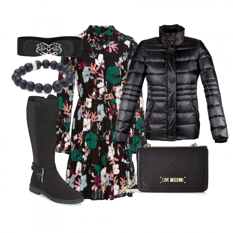 Outfit donna - Fuori fa freddo e si sente. Stile Trendy per Tutti i giorni. Abbinamento con cinture, vestito fantasia nero, piumino con logo frontale nero, stivali, borsa a tracolla cartella jacquard nero, braccialetti.